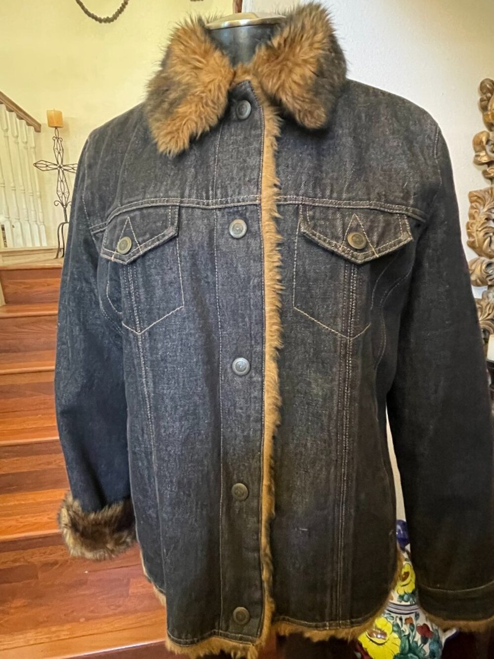 Nine West Women's Denim Blue Jean Jacket w/Faux Brown Fur Lined/Collar Large